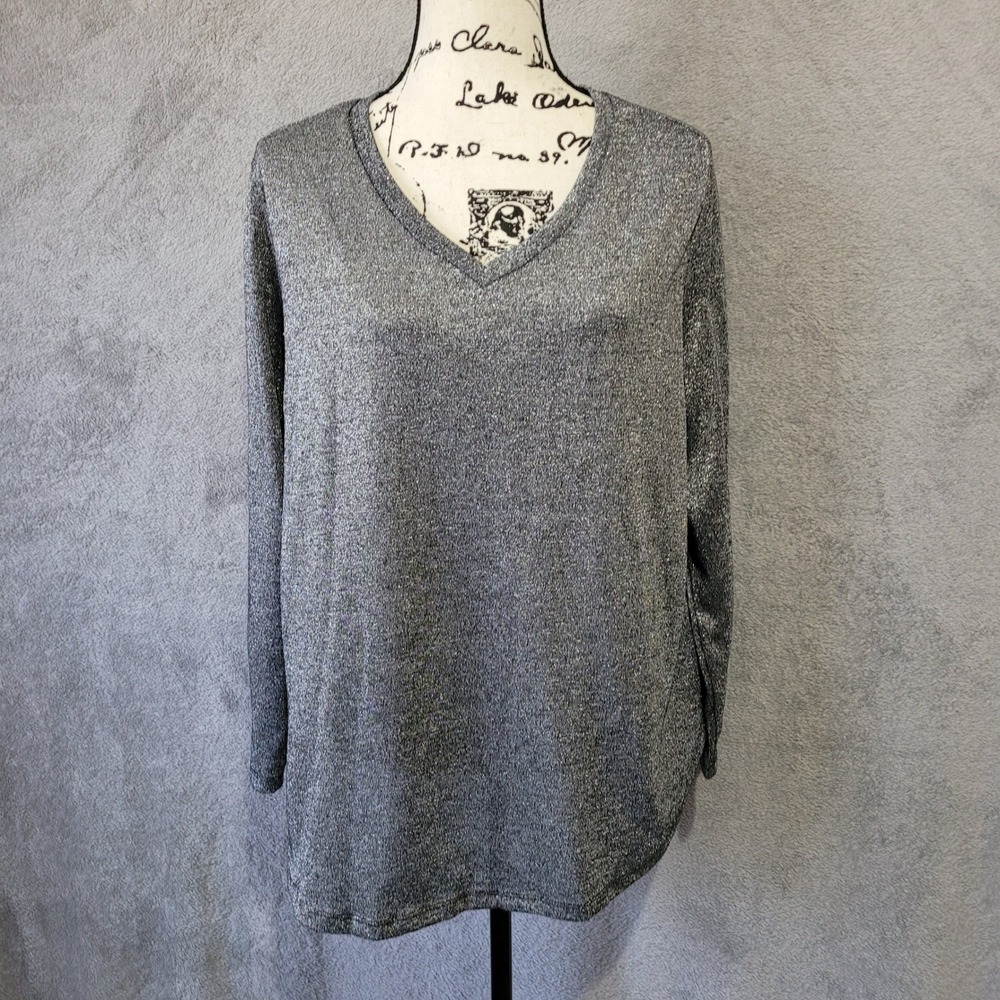 Vintage Y2K silver metallic long sleeved v neck shirt 1X chic rocker glam goth